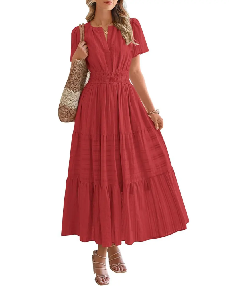 Womens Summer Lightweight Short Sleeve V Casual Midi Maxi Dresses