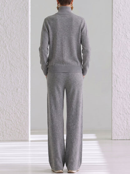Women's Solid Color Stand Collar Long Sleeve Casual Loose Knit Top And High Waist Wide Leg Pants Knit Set