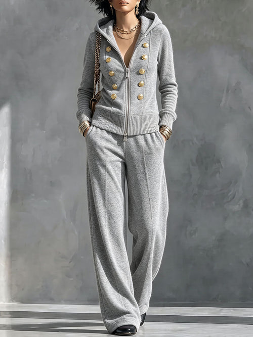 Women's Solid Color Collared Long-Sleeved Casual Loose Hooded Cardigan Top and High-Waisted Wide-Leg Pants Set