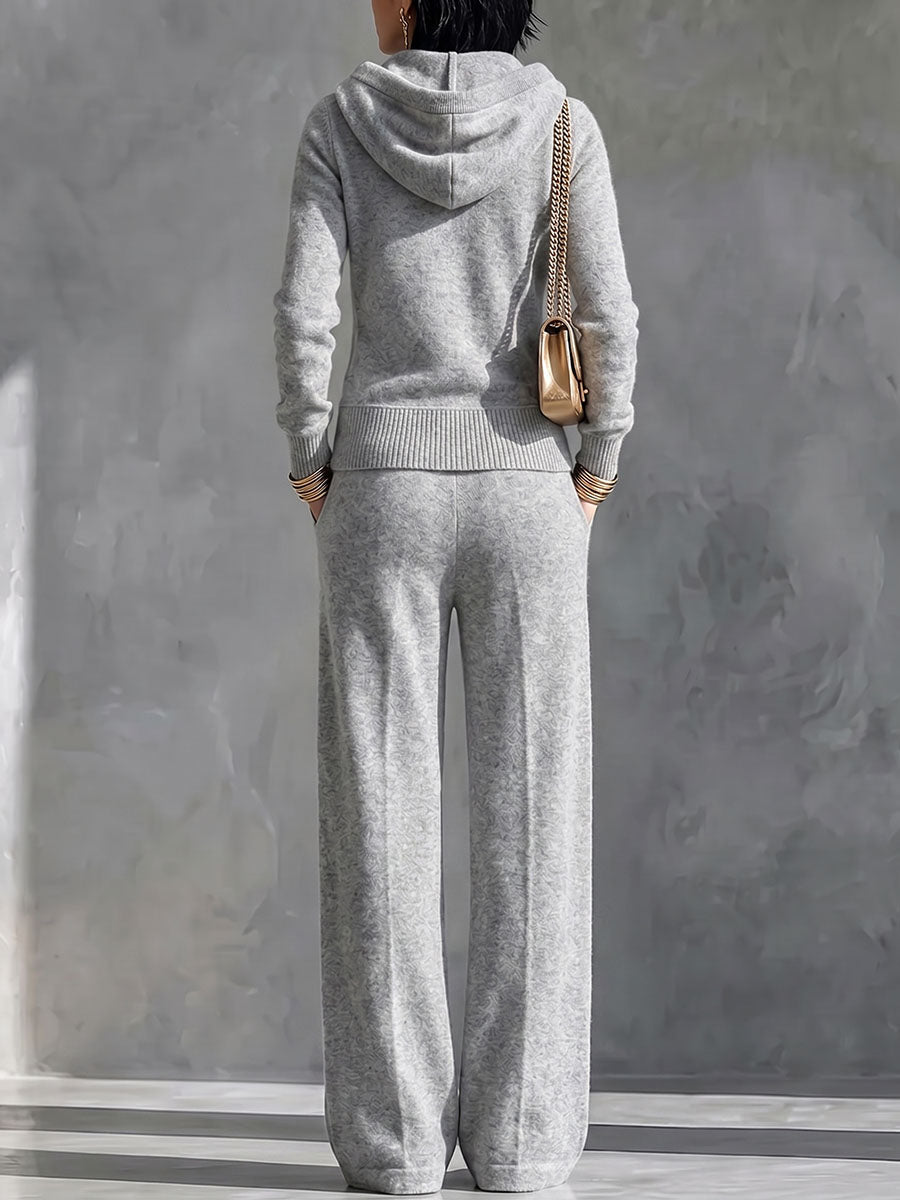 Women's Solid Color Collared Long-Sleeved Casual Loose Hooded Cardigan Top and High-Waisted Wide-Leg Pants Set