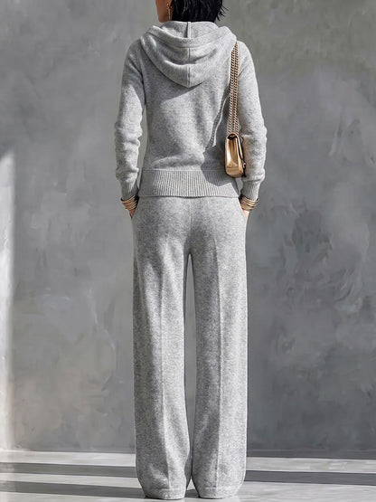Women's Solid Color Collared Long-Sleeved Casual Loose Hooded Cardigan Top and High-Waisted Wide-Leg Pants Set