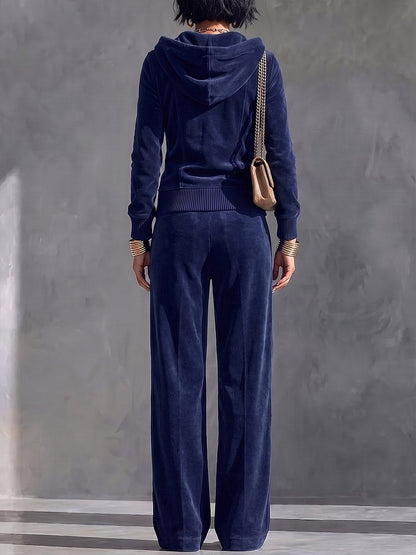 Women's Solid Color Collared Long-sleeved Casual Loose Hooded Top And High-waisted Wide-leg Pants Velvet Suit