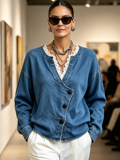 Chic Denim Wrap-front Top With Lace Trim