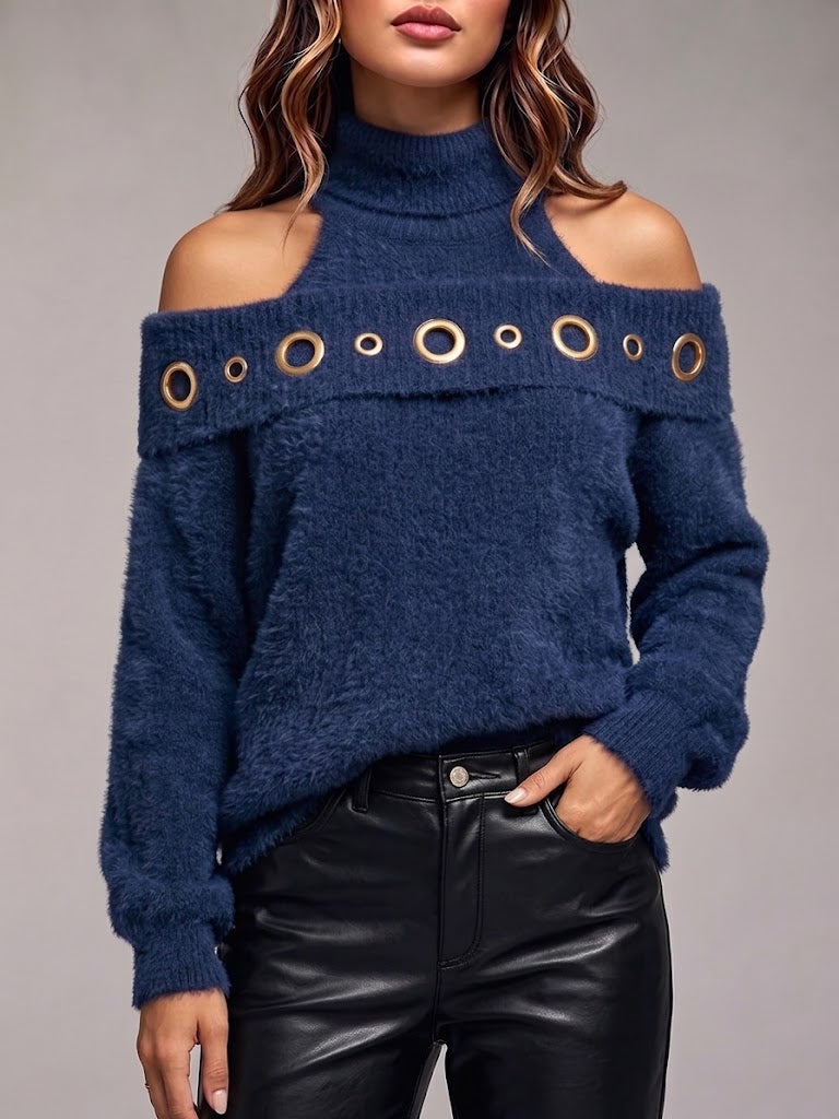 Stylish Off-the-shoulder Fuzzy Turtleneck Knit Top