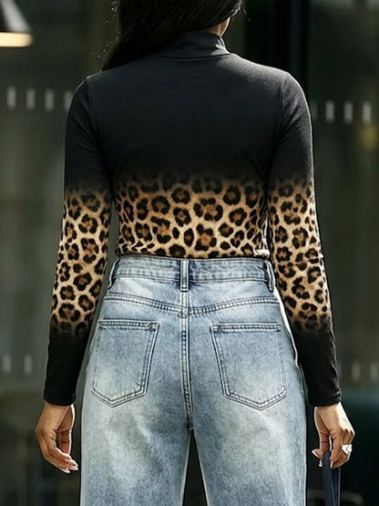 Casual And Cozy Gradient Leopard-print High-neck Knit Top