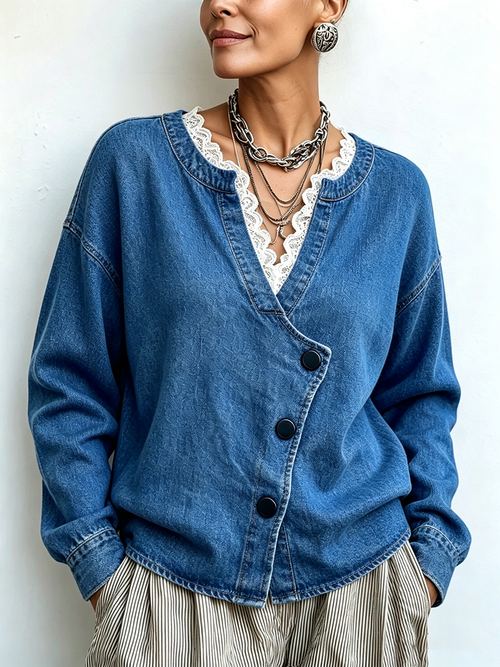 Chic Denim Wrap-front Top With Lace Trim